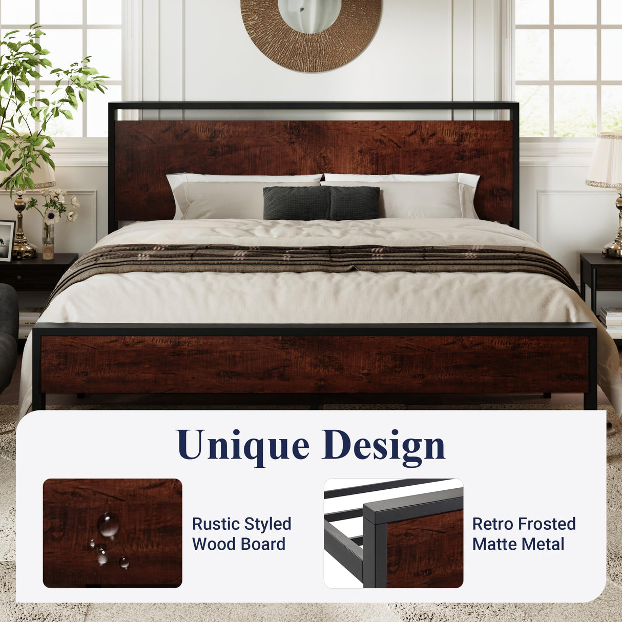 Allewie King Size Heavy Duty Platform Bed Frame with Rustic Wooden Headboard and Footboard Allewie