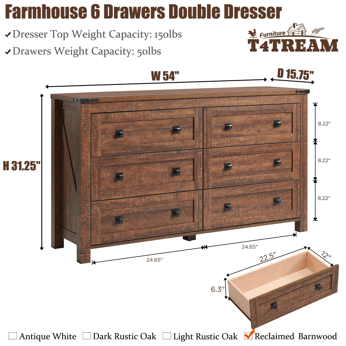 T4TREAM Farmhouse 6 Drawers Dresser Chests for Bedroom, Wood Rustic Wide Chset of Drawers,Storage Dressers Organizer for Bedroom, Living T4TREAM