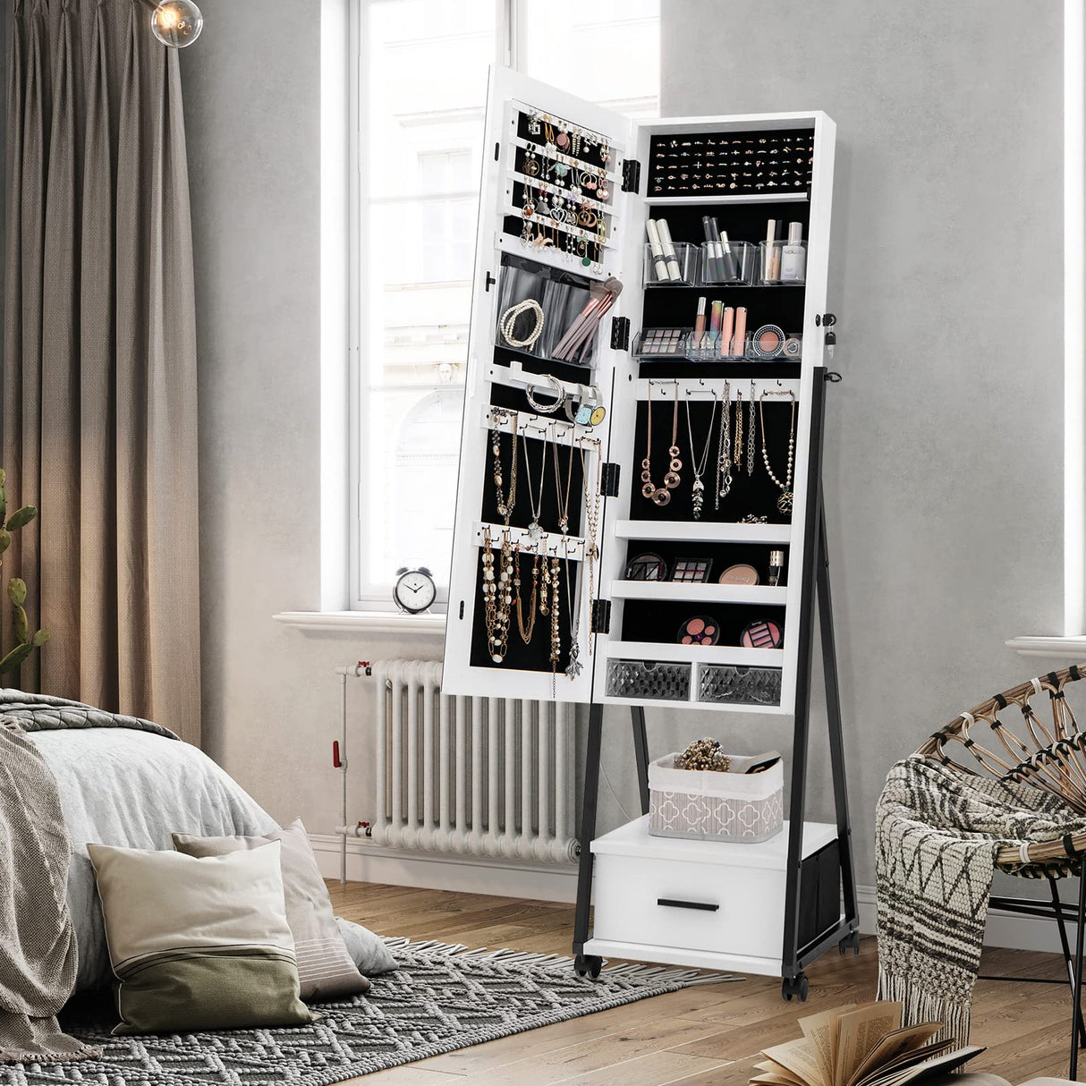 CHARMAID Rolling Jewelry Cabinet with Full Length Mirror, Lockable Standing Jewelry Armoire with Wheels, Steel Legs, Lipstick Brush Storage, Jewelry CHARMAID