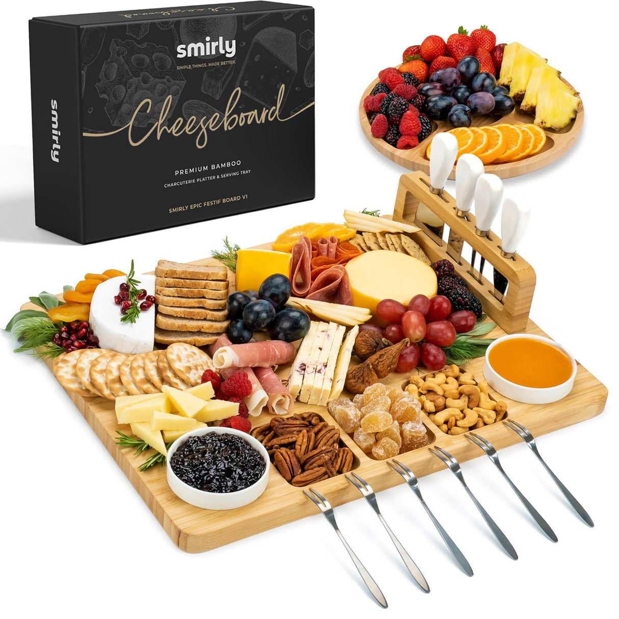 SMIRLY Charcuterie Boards Gift Set: Charcuterie Board Set, Bamboo Cheese Board Set - Unique for Mom - House Warming Gifts New Home, Wedding Gifts for SMIRLY