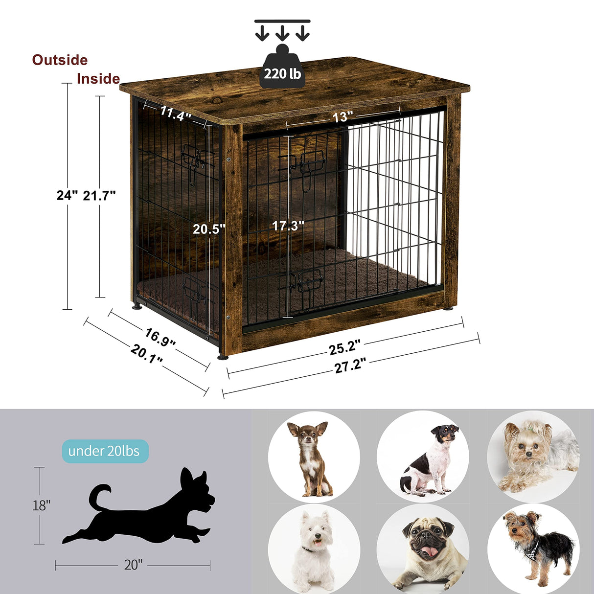 DWANTON Dog Crate Furniture with Cushion, Wooden Crate Table, Double-Doors Furniture, Kennel Indoor for Small/Medium/Large Dog, Dog House/Cage, 27.2" Dwanton