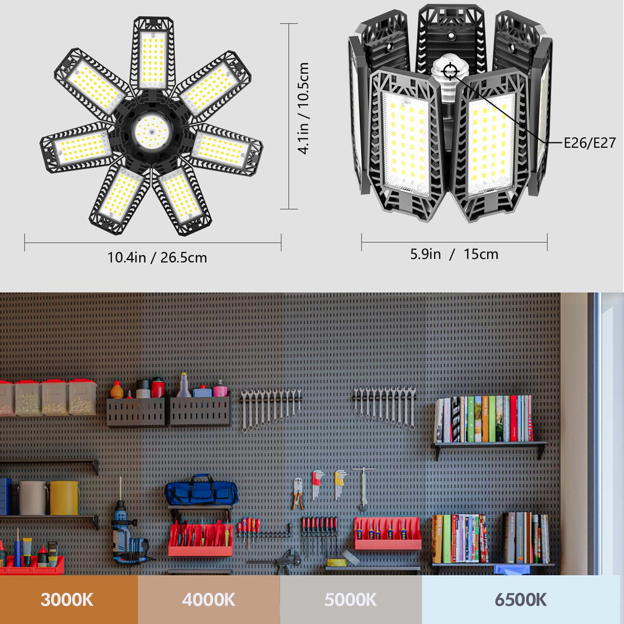 CHENGCHILIT LED Garage Light 2 Pack - 200w 20000LM 6500K Garage Lights Ceiling Led with 7+1 Adjustable Panels, Led Shop Lights Screw in E26 E27 Bulb CHENGCHILIT