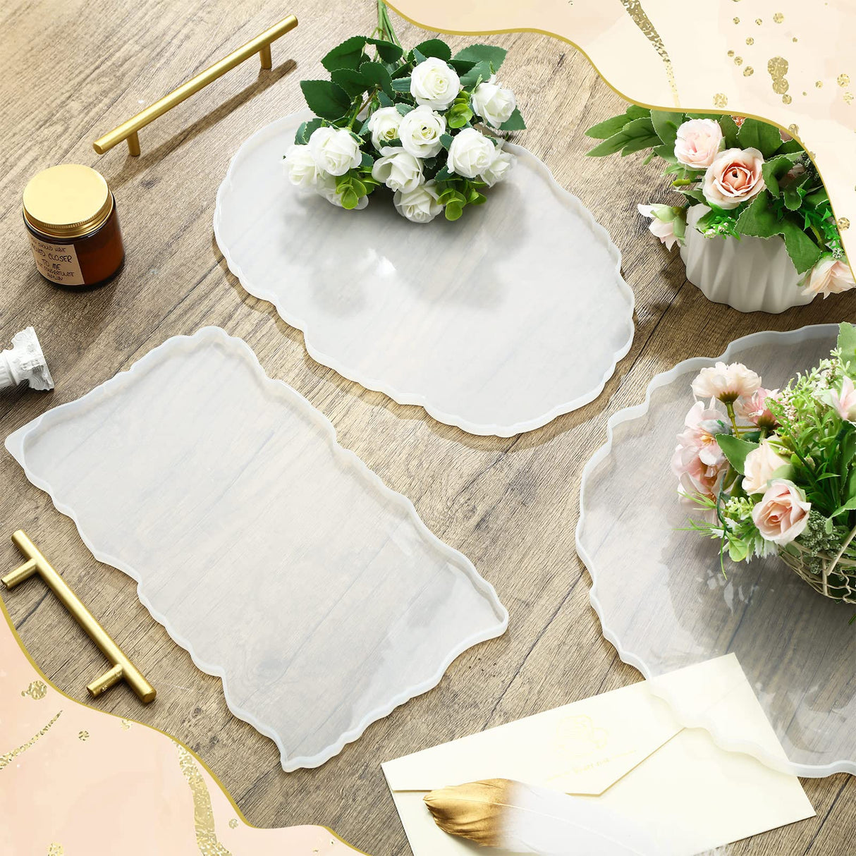 Resin Tray Molds and Gold Handles Set Silicone Tray Mold Irregular Casting Agate Epoxy Molds for DIY Crafts Making Faux Agate Tray Serving Board Home Hoolerry