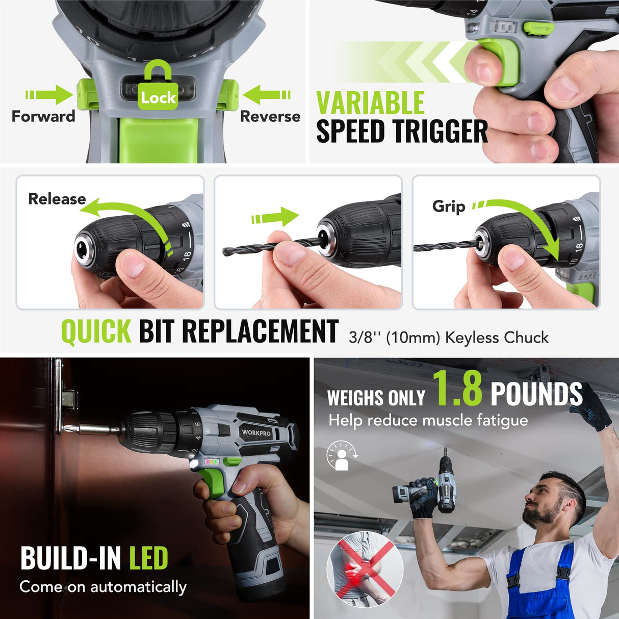 WORKPRO Home Tool Kit with Power Drill, 108PCS Power Home Tool Set with 12V 1.5 Ah Battery Powered Screwdriver and Tool Box, Electric Cordless Drill WORKPRO