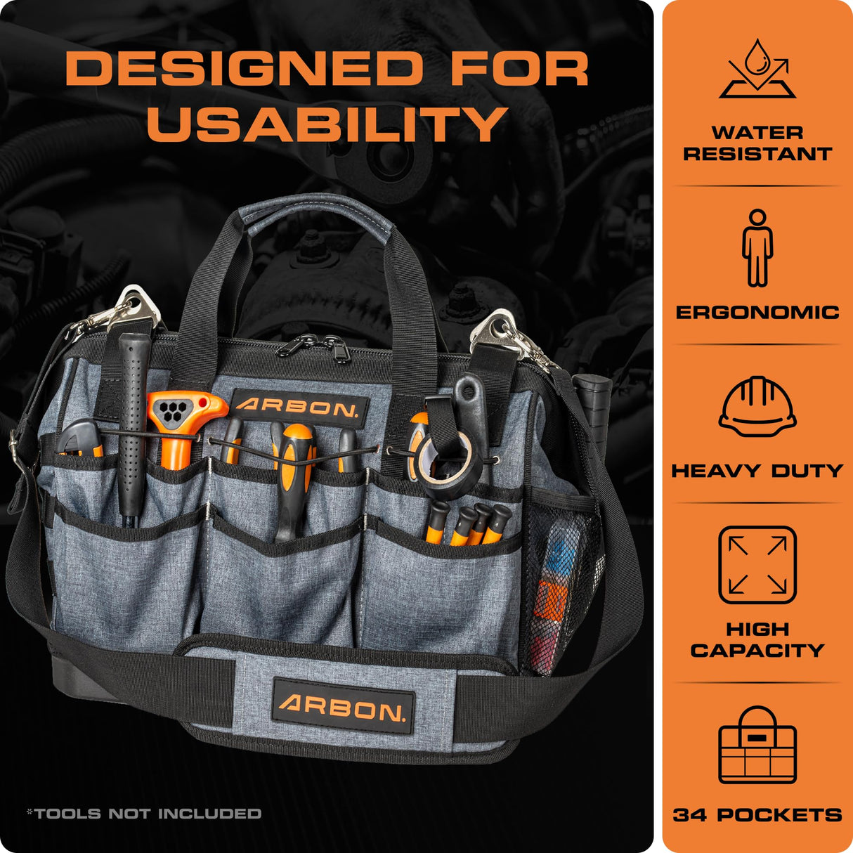 ARBON Tool Bag 16 Inch with Molded Base MOLLE System Heavy Duty Open Mouth Top Large Toolbag Tote Box Bags Storage Organizer for Men and Women Arbon