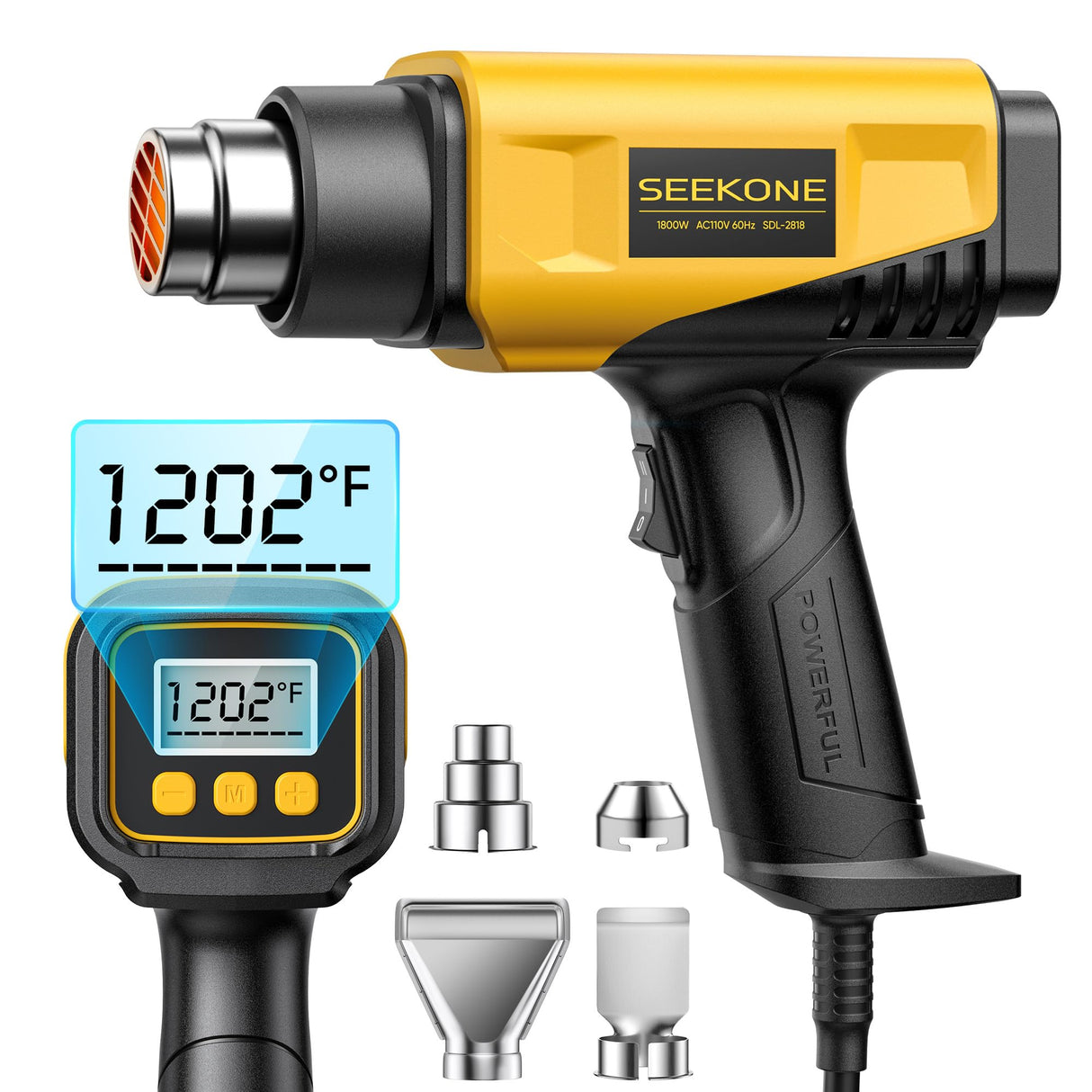 SEEKONE 1800W Heat Gun with LCD Digital Display Compact Design Hot Air Gun Variable Temperature Control 122℉~1202℉(50℃- 650℃)with Memory Function and SEEKONE