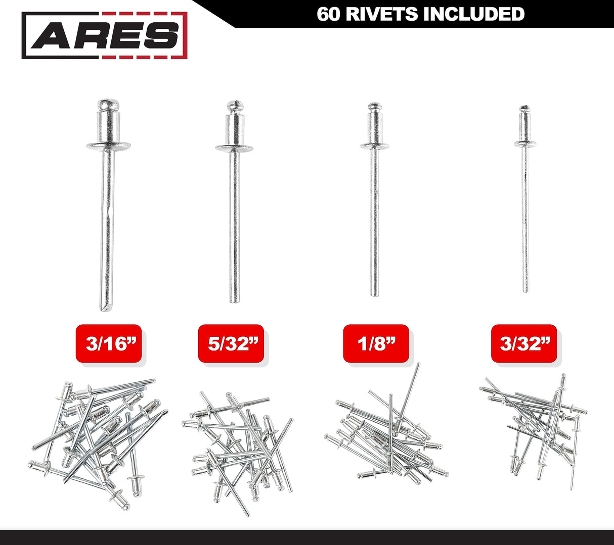 ARES 70017 - Professional Pop Rivet Gun with 60 Rivets - Rivet Sizes 3/32-inch, 1/8-inch, 5/32-inch, & 3/16-inch - Applications Include Sheet Metal, ARES