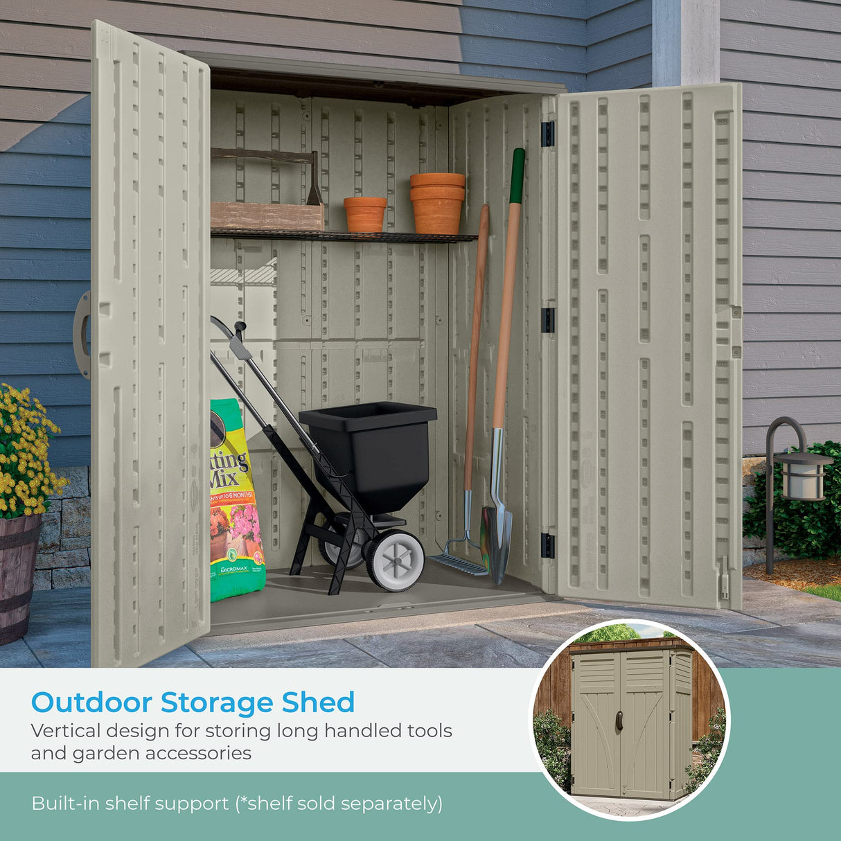 Suncast 54 Cubic Feet Vertical Storage Shed with Durable Plastic Construction, Multiple Wall Panels and Ample Space for Outdoor Storage Suncast