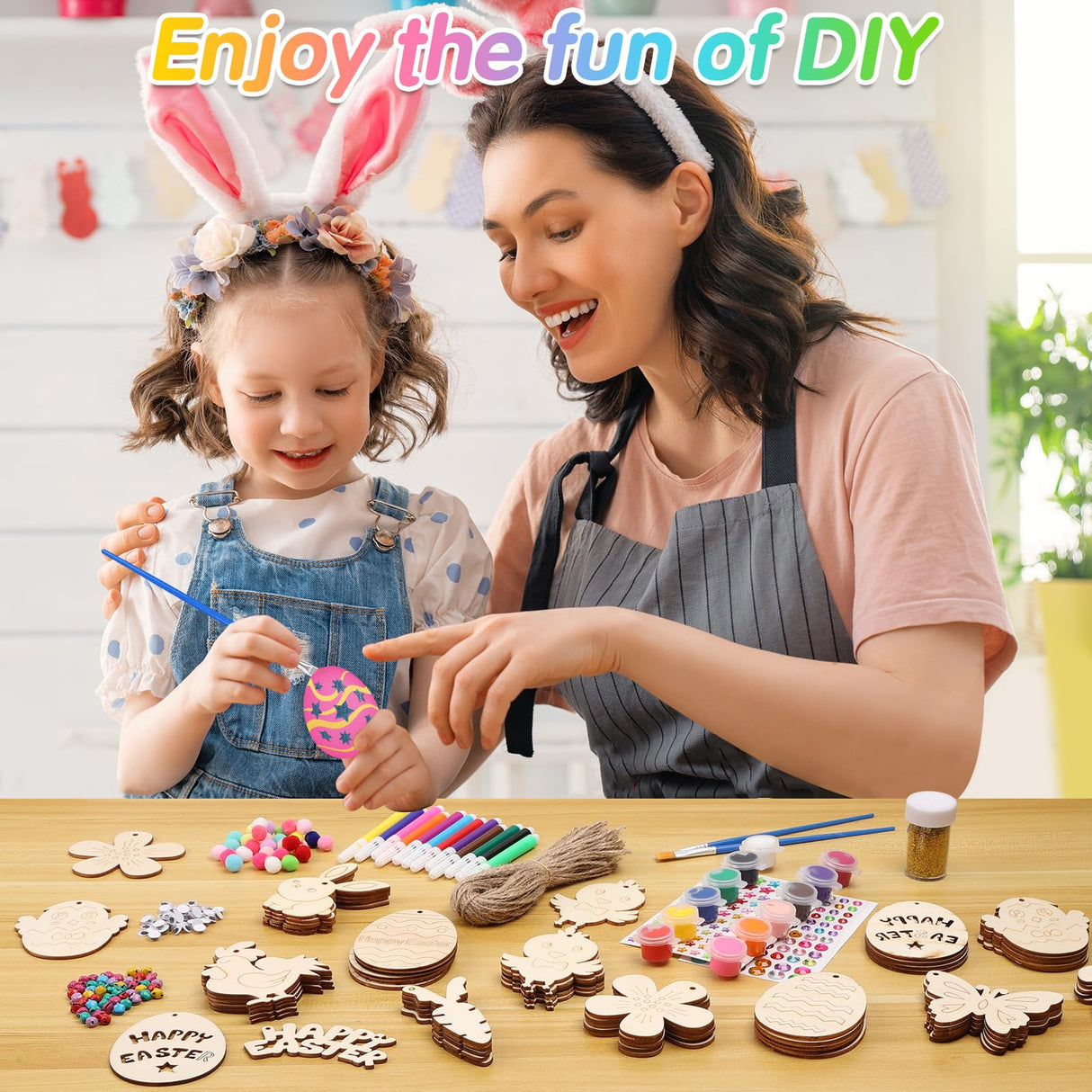 Sublaga 301 PCS Easter Wooden Hanging Ornaments Unfinished Wood Slices Eggs Easter Crafts for Kids DIY Easter Decorations Party Supplies Decor (301) Sublaga