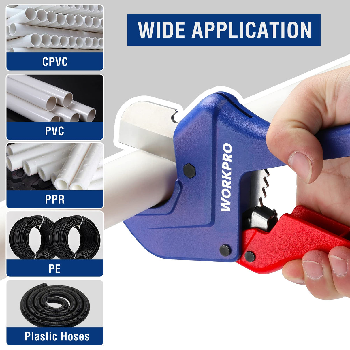 WORKPRO Ratchet PVC Pipe Cutter Tool, up to 1-5/8" PEX, PVC, PPR and Plastic Hoses, Pipe Cutters with Sharp 5Cr15MoV Stainless Steel Blades, Suitable WORKPRO