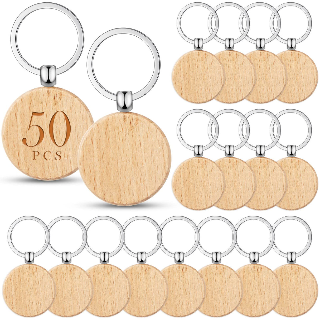 50 Pieces Wooden Keychain Blanks Laser Engraving Blanks Wood Blanks Key Chain Bulk Unfinished Wooden Key Ring Key Tag for DIY Gift Crafts (Round) Yinkin