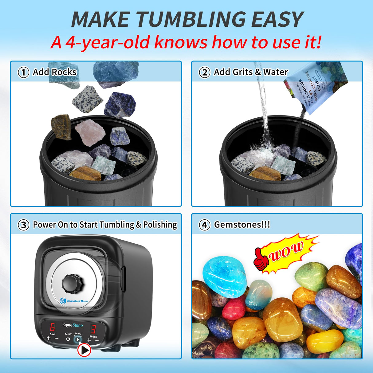 KomeStone K2 Elite Professional Rock Tumbler Kit, Ultra Quiet & Cutting Edge Brushless Motor Rock Polisher for Adults & Rock Collector, KomeStone