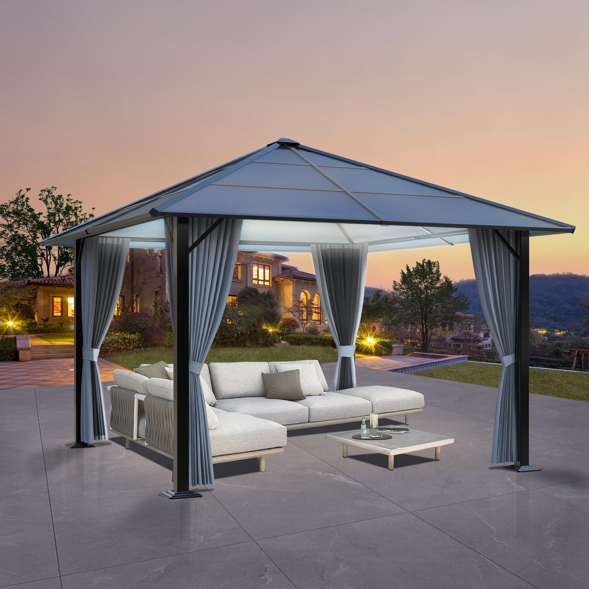 QZEN 10'x10' Hardtop Gazebo, Outdoor Polycarbonate Gazebo, Metal Frame Permanent Pavilion with Curtains & Netting for Backyard, Patio, Deck (10'x10' QZEN