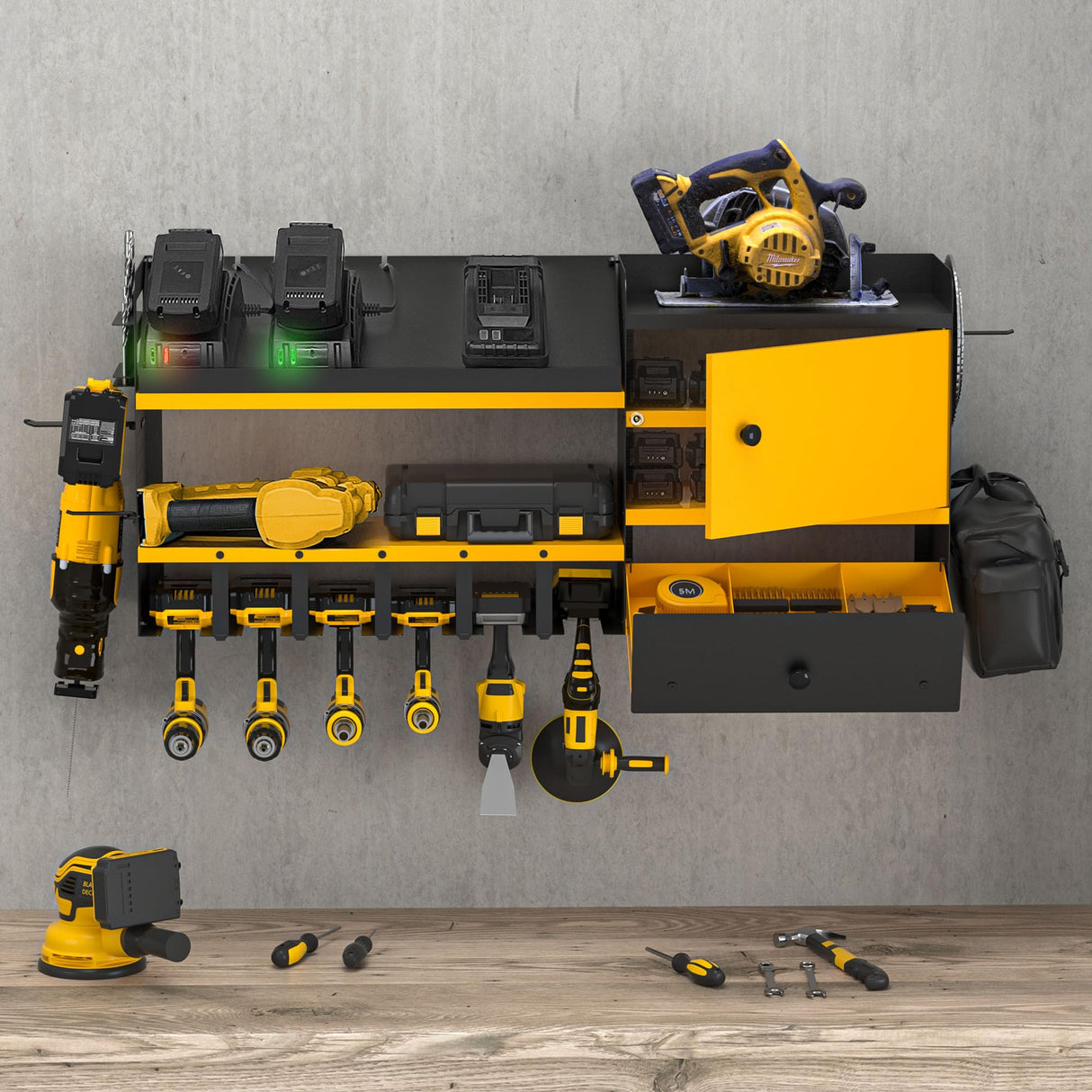GDLF Heavy Duty Power Tool Organizer with Charging Station, Extra Large Wall Mount Garage Organizer with Battery Organization Cabinet & Drawer GDLF