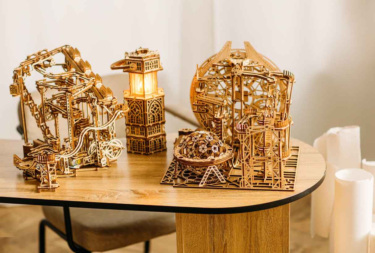 Wood Trick Wooden Marble Run Spiral Wooden 3D Puzzles for Adults and Kids to Build - 13x13 - Electric Driven - Roller Coaster Mechanical Wooden Model Wood Trick