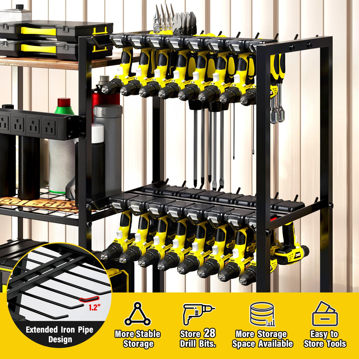 TC-HOMENY Power Tool Organizer Garage Storage with Charging Power Strip, 28 Drill Rack Tool Holder Racks Rolling Tool Cart on Wheels, Tool Shelf TC-HOMENY