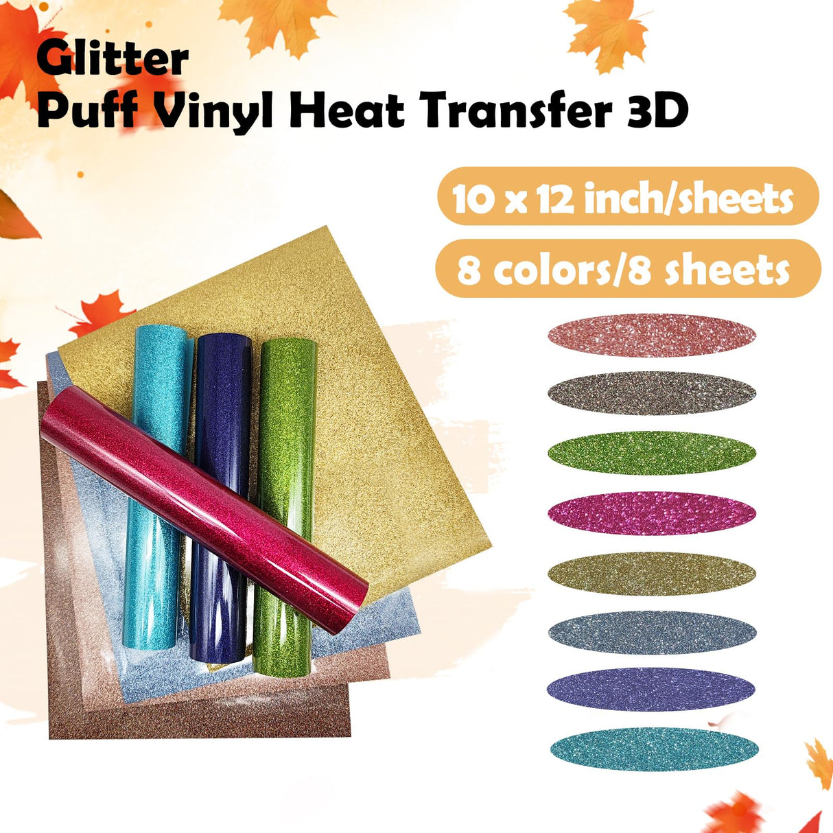 Glitter Puff Vinyl Heat Transfer 3D - Puff HTV Vinyl 8 Sheets 12"x 10" Glitter Heat Transfer Vinyl for T-Shirt Clothes Compatible with Cricut Air or AXLORP