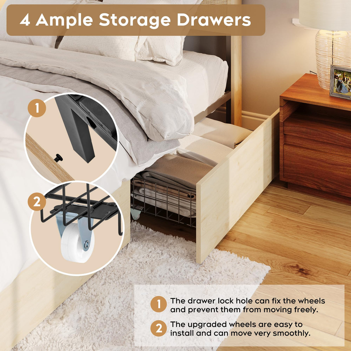 Brafab Natural Rattan Queen Bed Frame with Wooden Headboard & 4 Storage Drawers Brafab