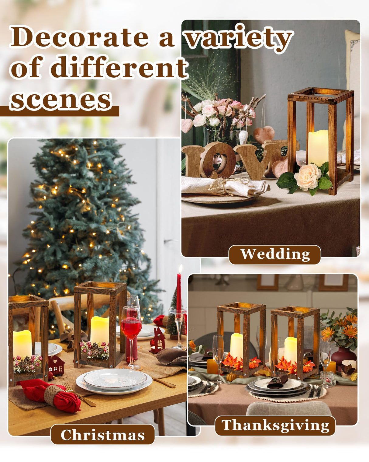 Huquary 16 Pcs Wooden Candle Lantern Set Includes 8 Rustic Wedding Centerpieces for Table Farmhouse Wooden Candle Holder and 8 Flameless Decorative Huquary