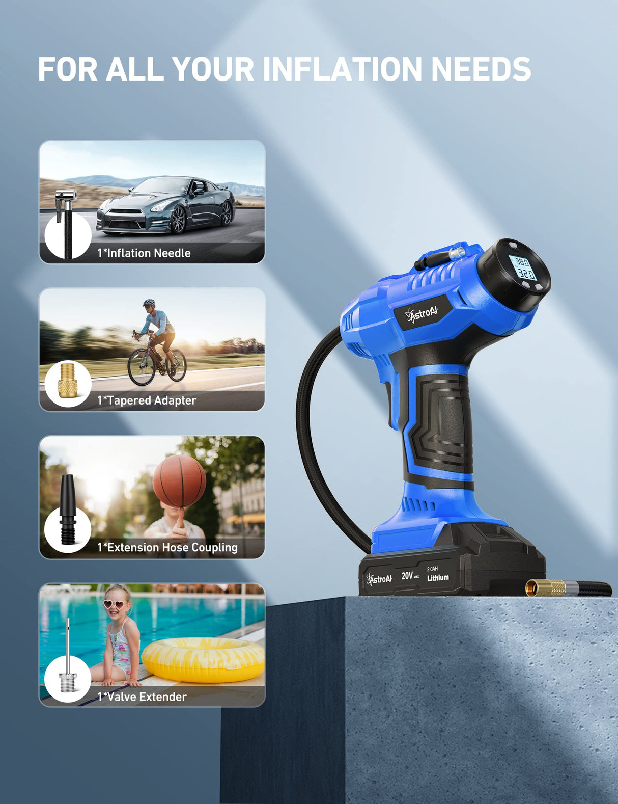 AstroAI Cordless Tire Inflator Air Compressor 20V Rechargeable Battery Powered 160PSI Portable Handheld Air Pump with 12V Car Power Adapter Digital AstroAI