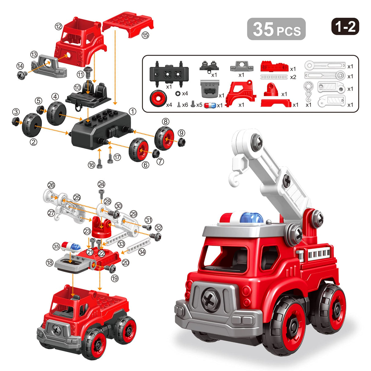 4-in-1 Take Apart Toys Truck with Electric Drill, DIY Assembly Fire Truck Toy Vehicles, Kids STEM Building Educational Cars Toys, Birthday Gifts for Toyk