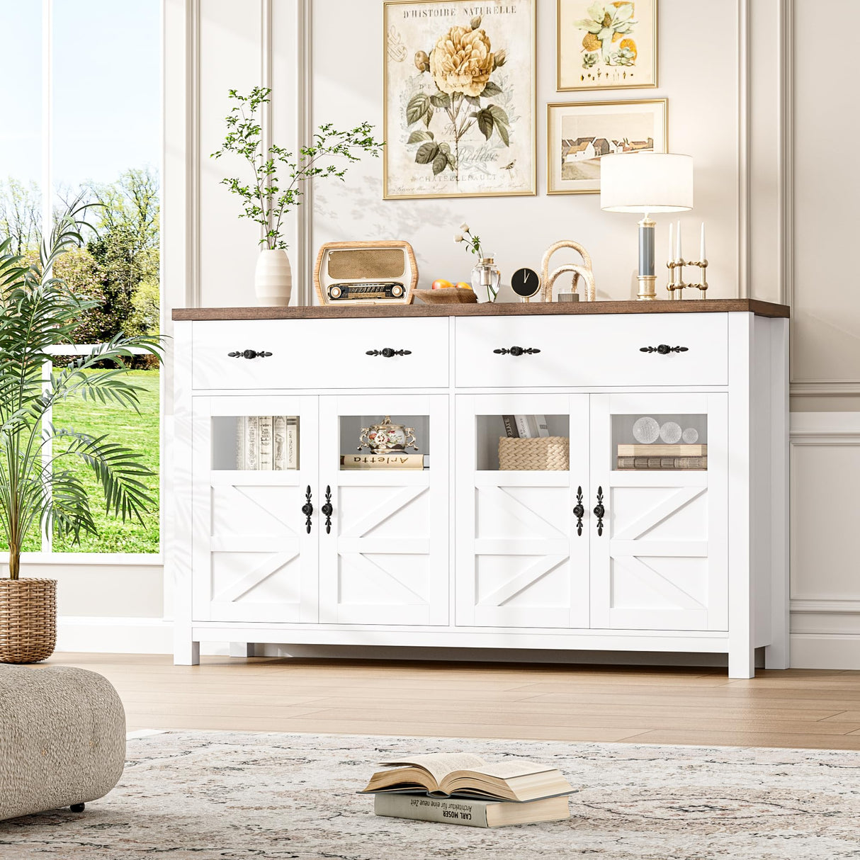 finetones Buffet Cabinet with Storage, 55.1" Large Sideboard Buffet Cabinet, Farmhouse Sideboard Kitchen Cabinet with 2 Drawers and 4 Doors, Wood finetones