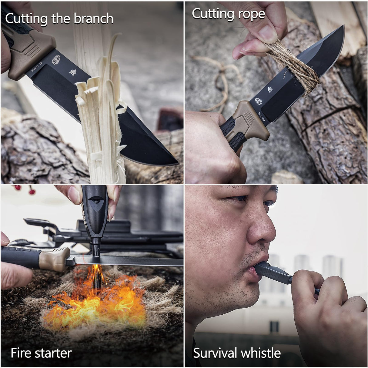 HX OUTDOORS Extra Sharp Bushcraft Knife with Fire Starter, Premium D2 Steel Fixed Blade Survival Camping Knife with Plastic Sheath for Outdoor, HX HX OUTDOORS