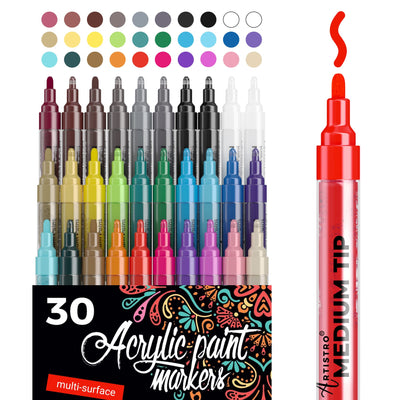 ARTISTRO Acrylic Paint Markers Pens – 30 Acrylic Paint Pens Medium Tip (2mm) - Great for Rock Painting, Wood, Fabric, Card, Paper, Ceramic & Glass -