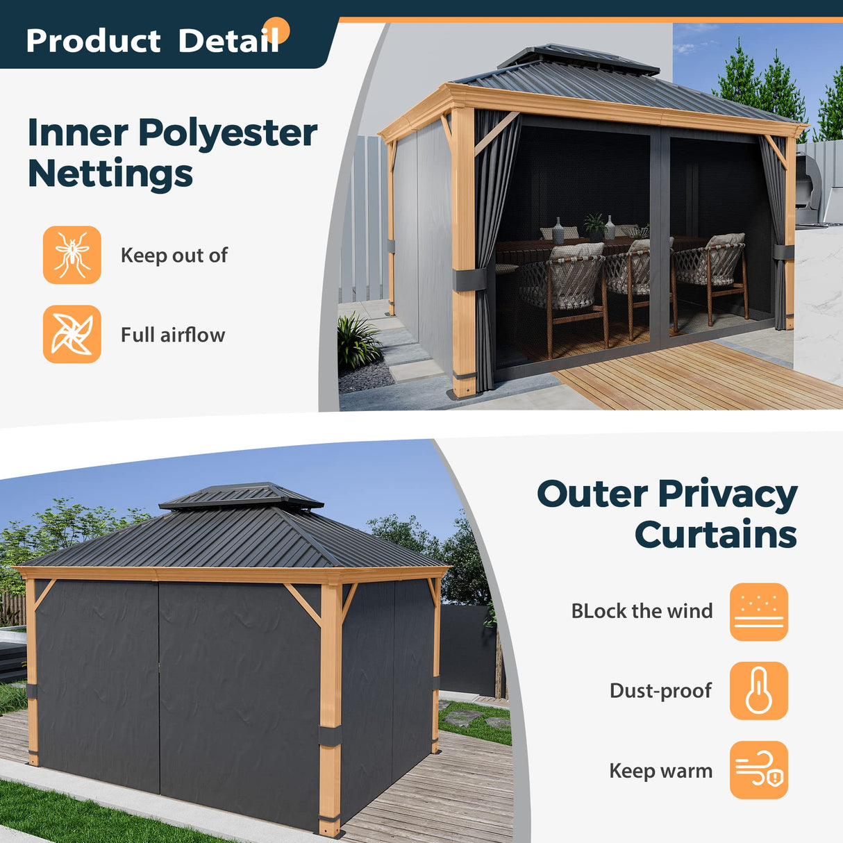 HAPPATIO 10' x 12' Hardtop Gazebo, Outdoor Wood Grain Frame Aluminum Metal Gazebo with Galvanized Steel Double Roof,Patio Gazebo Canopy with Netting HAPPATIO