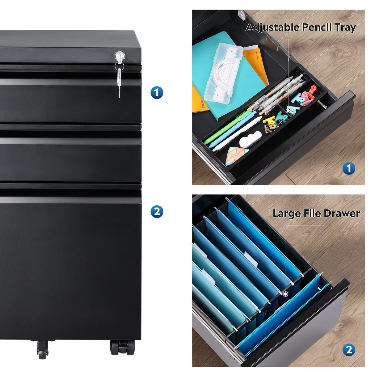 DEVAISE 3 Drawer Mobile File Cabinet Under Desk Office, Fully Assembled Except Casters, Letter/Legal Size, Black DEVAISE