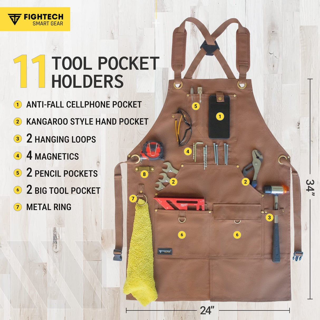 FIGHTECH® Waxed Canvas Apron with Tool Pockets | Work Apron w Kevlar Stitching | Woodworking Shop Apron | Adjustable M-XXL (Brown, Canvas) FIGHTECH