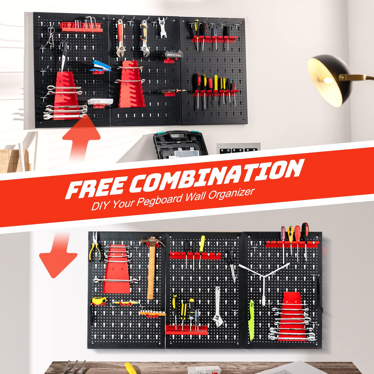 Goplus Pegboard Wall Organizer, 4ft Metal Garage Pegboard Tool Organizer w/3 Pegboards, Drill Bit Rack, Wrench Rack, Hooks Accessories, Wall-Mounted Goplus