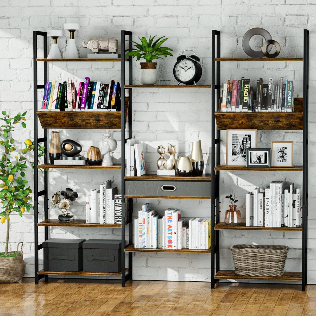 NUMENN Adjustable 5-Tier Triple Wide Rustic Industrial Bookshelf NUMENN