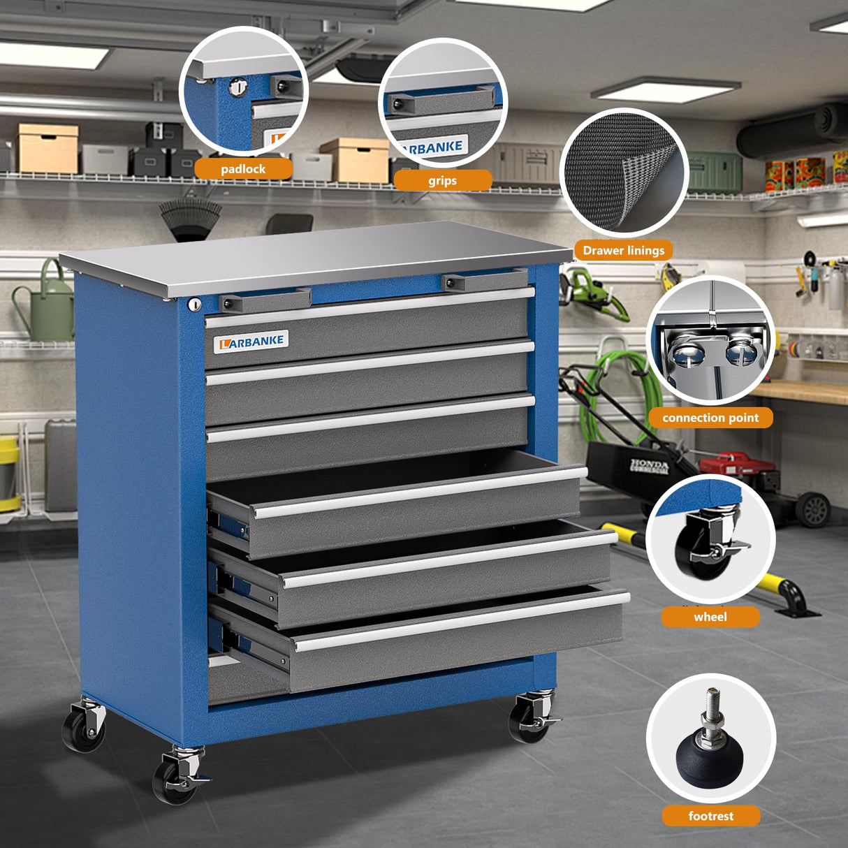 LARBANKE 7-Drawer Rolling Tool Chest with Key Locking System,Tool Chest with 360° Lockable Wheels and Four Padded Feet,can be Formed into a Large LARBANKE