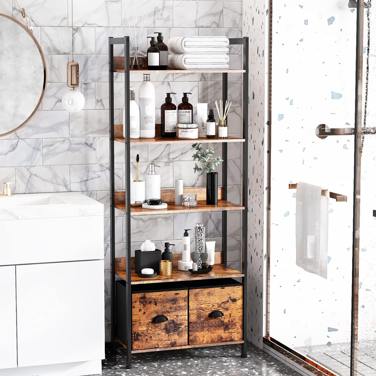 Furologee Adjustable 5-Tier Bookshelf with 2 Fabric Drawers - Industrial Wooden and Metal Storage Unit Furologee