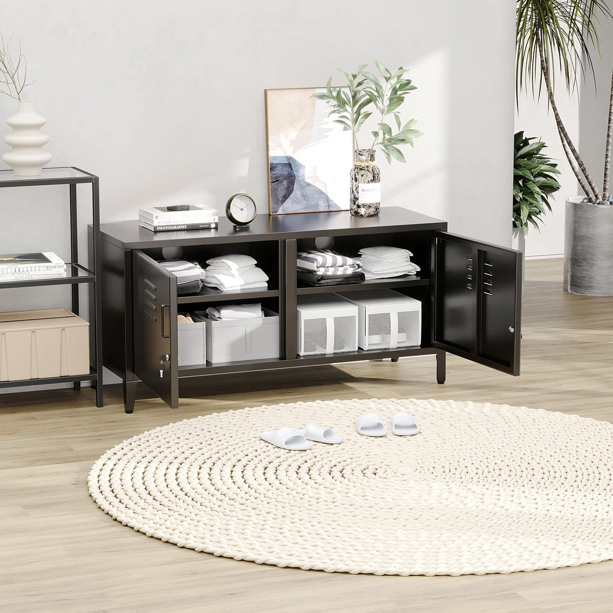 JAHRSTIM Metal Garage Storage Cabinet, Adjustable Shelves & Locking Doors - Garage Cabinets for TV Clothes Shoes Tool Storage and Ammo Locker - Black JAHRSTIM