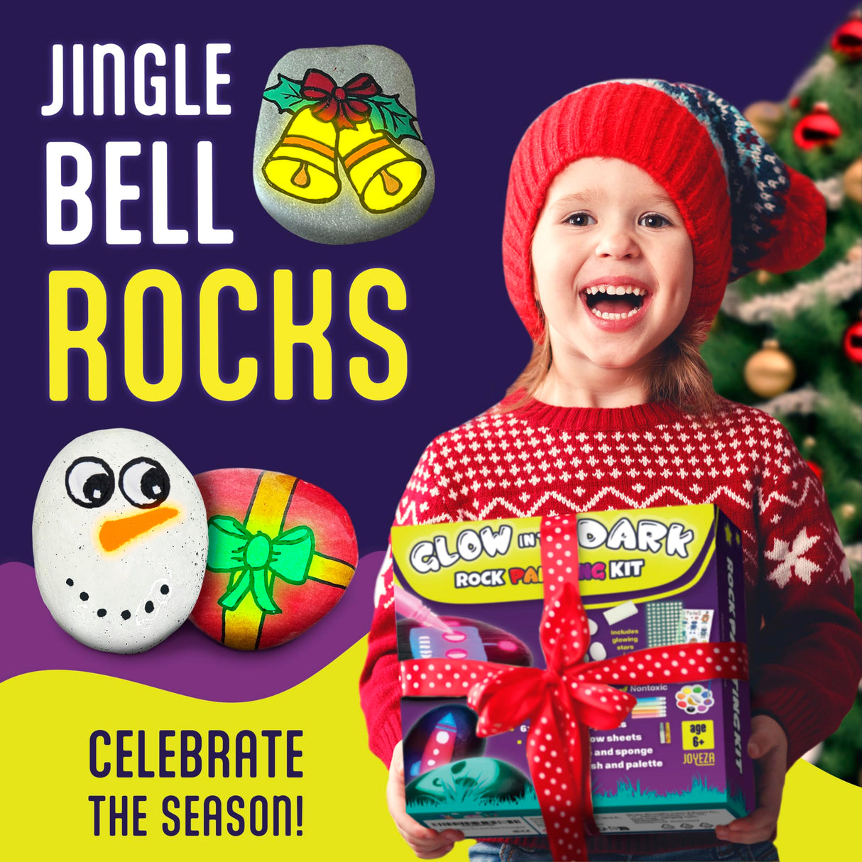 JOYEZA Rock Painting Kit Glow in The Dark, Arts and Crafts for Girls and Boys Age 6+, 12 Painting Rocks for Kids, Waterproof Paints, Kids Activities JOYEZA