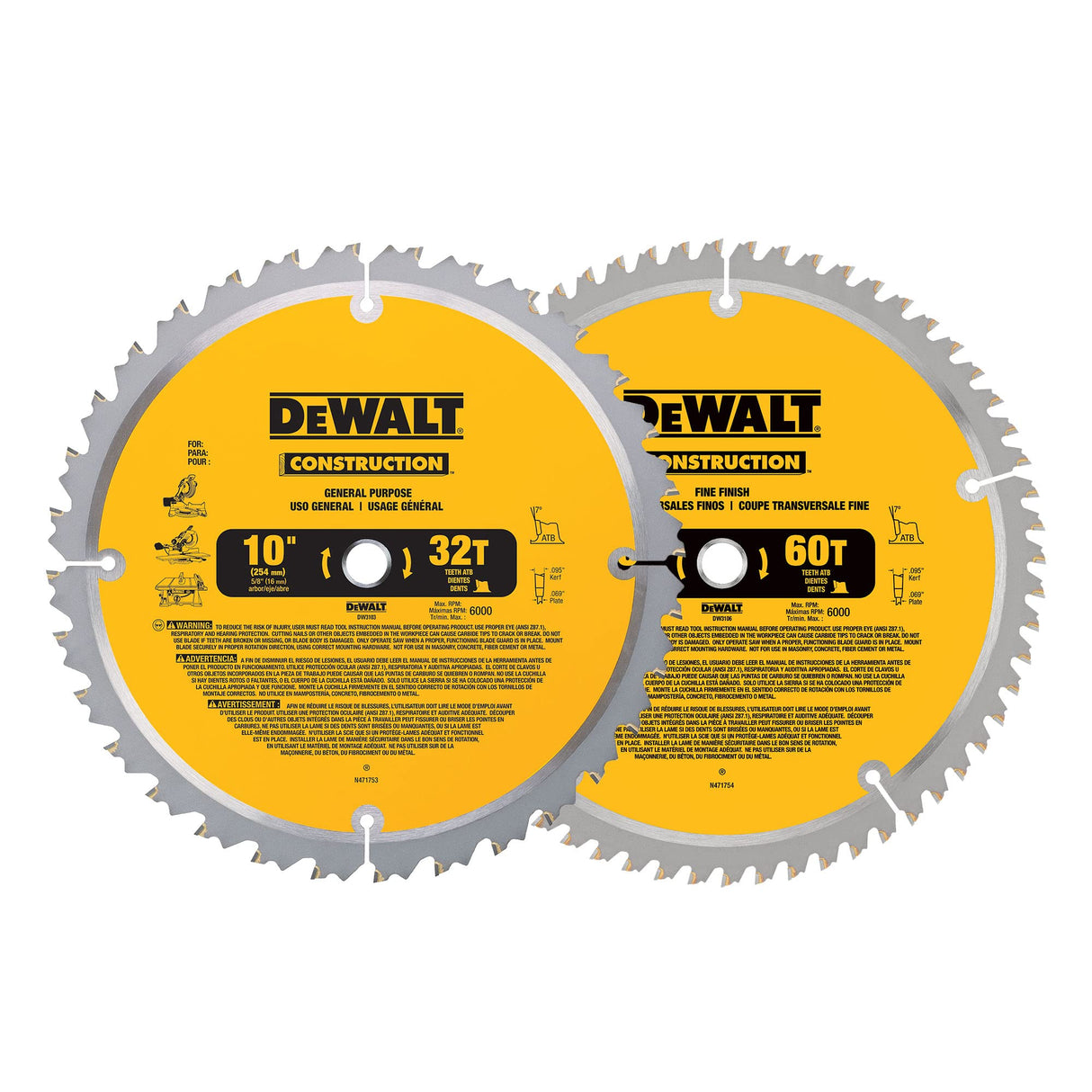 DEWALT 10-Inch Miter / Table Saw Blades, 60-Tooth Crosscutting & 32-Tooth General Purpose, Combo Pack (DW3106P5) DEWALT