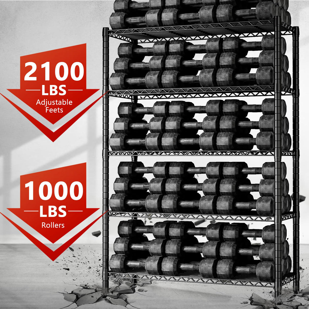 REIBII 76''H Wire Shelving Loads 2100LBS,5 Tier Metal Shelving with Adjustable Storage Shelves 36''W Garage Shelving Heavy Duty with Wheels Metal REIBII