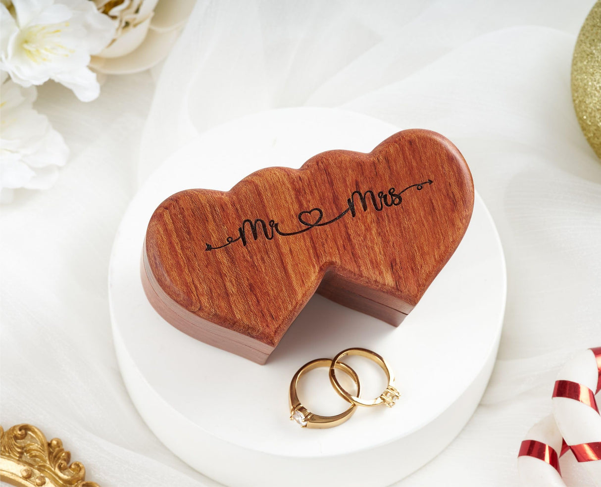 Handicraftviet Ring Box Mr and Mrs – Handmade Heart Shape Ring Box for Wedding Ceremony, Wedding Ring Box Small Engraved for Engagement/Proposal, Handicraftviet
