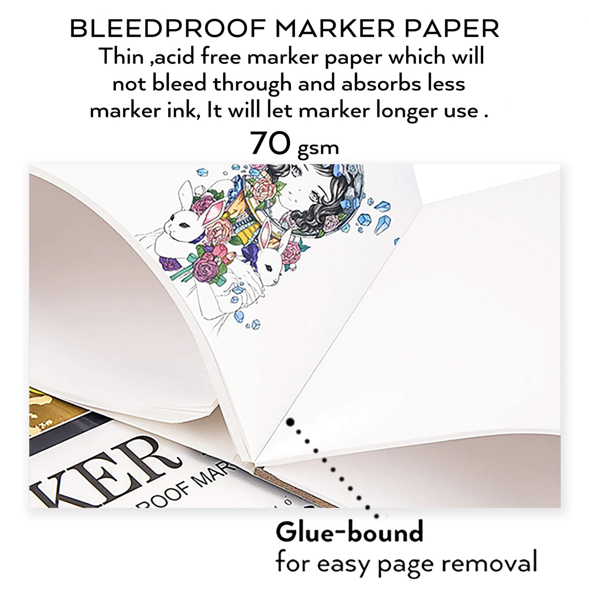 Bianyo Bleedproof Marker Paper Pad, A4(8.27"X11.69"), 50 Sheets, 18 LB / 70 GSM, Glue-Bound, 100% Cotton, White, Ideal for Use with Markers and Ink Bianyo