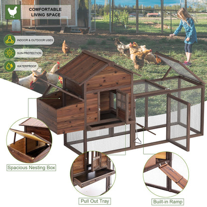 Wooden Chicken Coop Large Outdoor Hen House with Nest Box Poultry Cage Rabbit Hutch 80''- Waterproof UV Panel Brown
