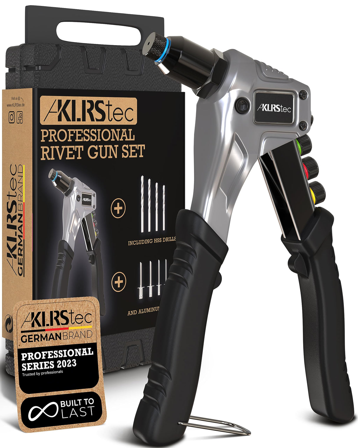 KLRStec Professional Rivet Gun Kit incl. 120 Pop Rivets and 4 HSS Drills - High quality Pop Rivet Tool Kit for processing Blind Rivets KLRS