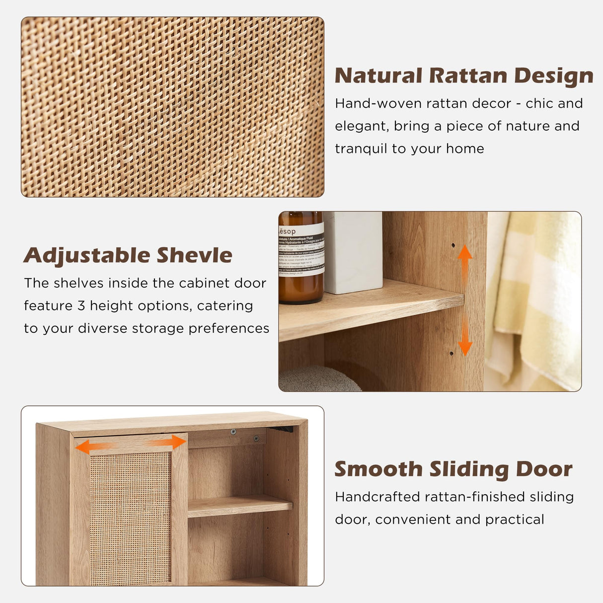 OKD Natural Rattan Bathroom Wall Cabinet, Modern Boho Medicine Cabinet with Sliding Door & Adjustable Shelves, Storage Cabinet Wall Mounted for OKD