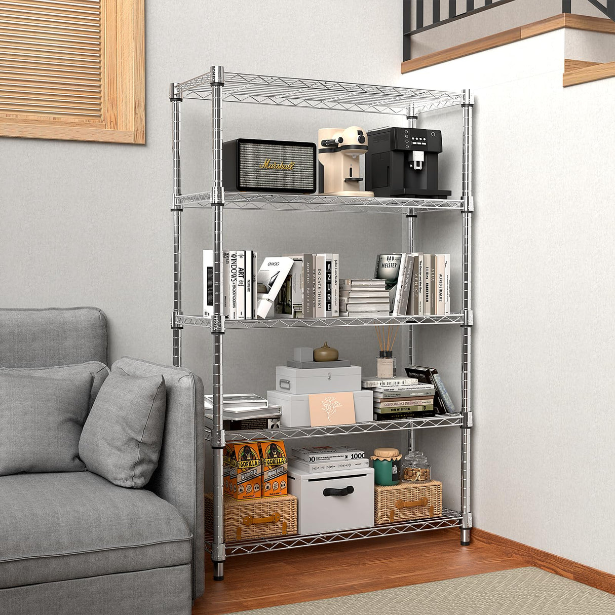 MZG Steel Heavy Duty 5-Tier Utility Shelving Unit Steel Organizer Wire Rack for Home,Kitchen,Office,Chrome (14" D x 24" W x 63" H) M MZG