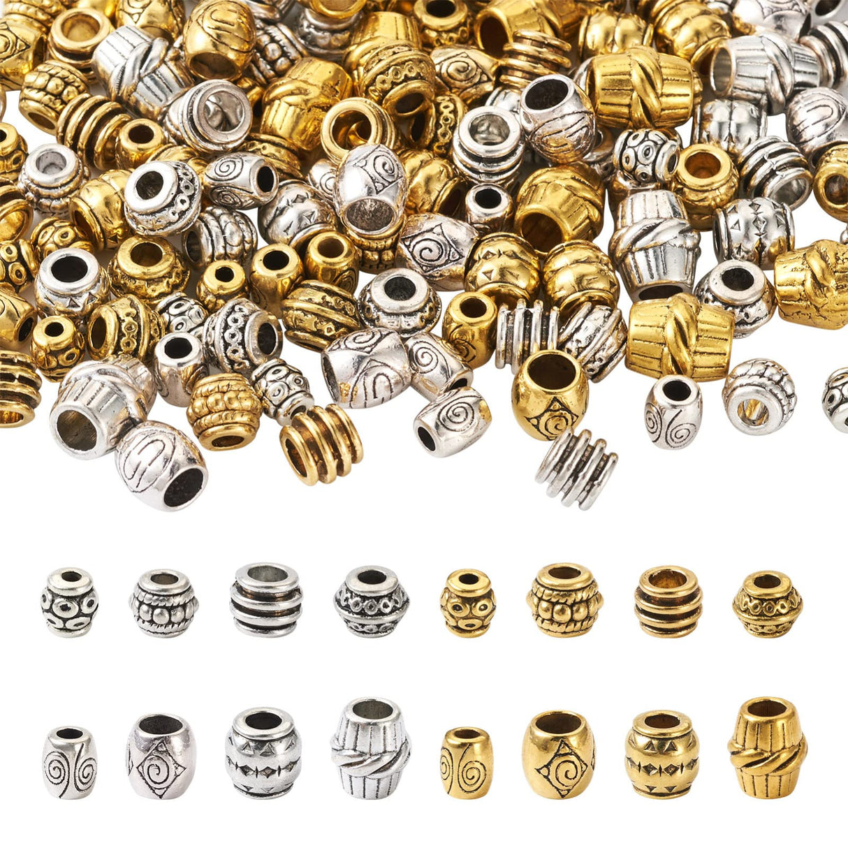 Craftdady 160Pcs Tibetan Alloy Barrel Spacer Beads 16 Styles Large Hole Retreo Metal Barrel Tube European Beads for Jewelry Crafts Making, Hole: Craftdady