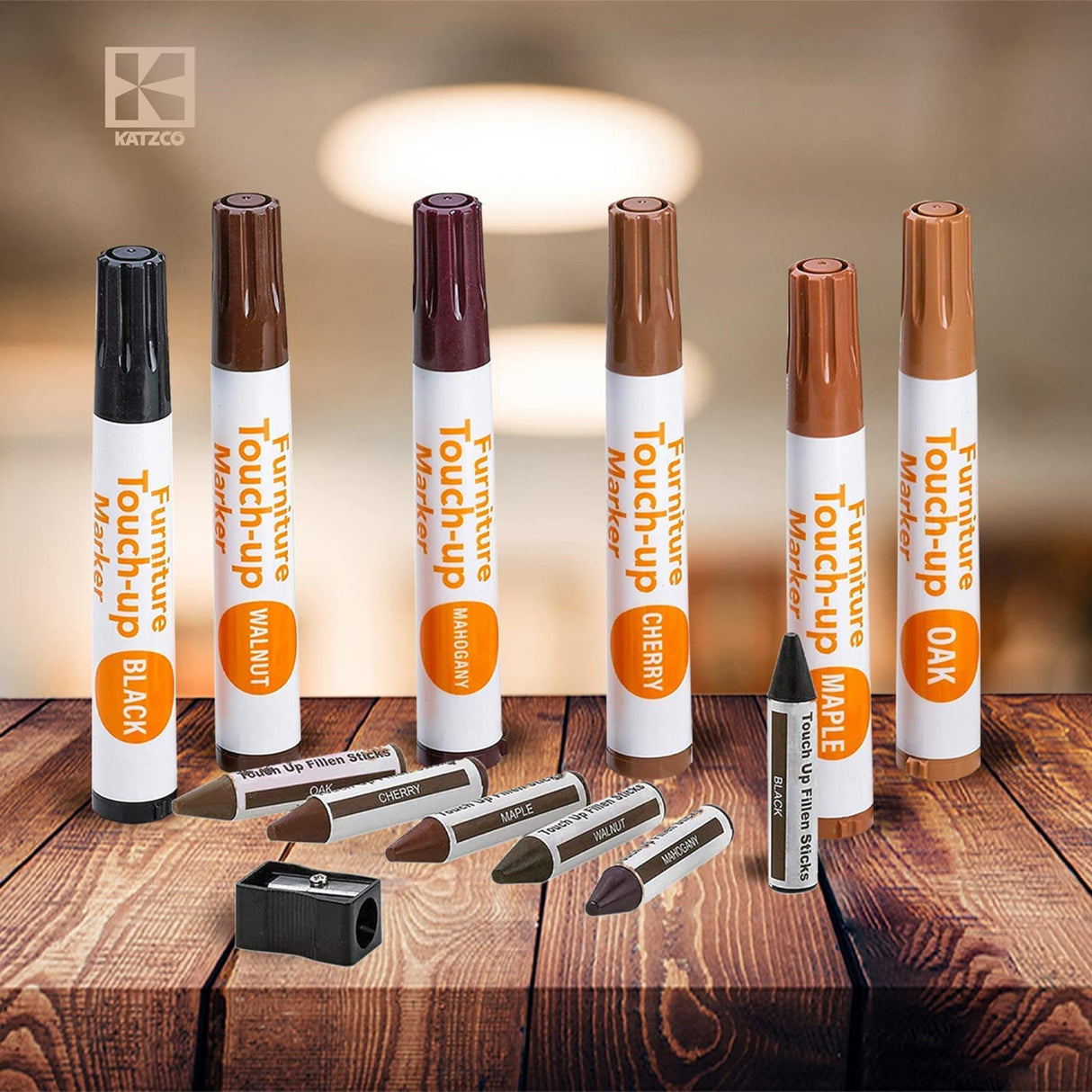 Katzco Furniture Repair Kit Wood Markers - Set of 34 - Markers and Wax Sticks with Sharpener - for Stains, Scratches, Floors, Tables, Desks, Katzco
