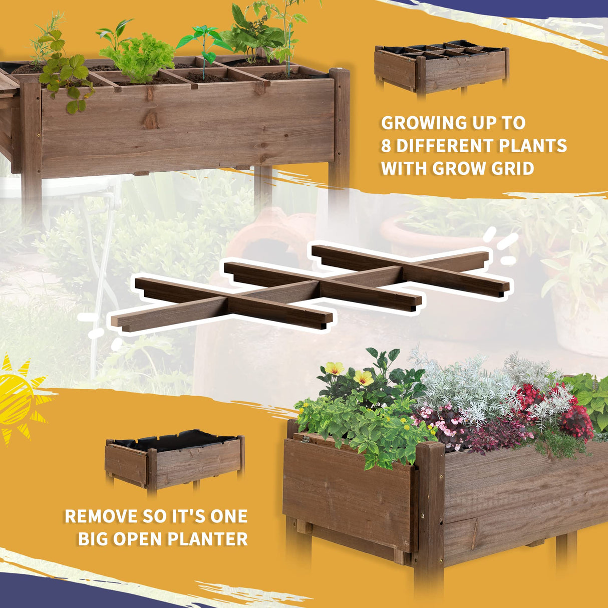 Outsunny Raised Garden Bed with 8 Grow Grids, Wooden Outdoor Plant Box Stand with Folding Side Table and Wheels, 49" x 21" x 34", for Vegetables, Outsunny