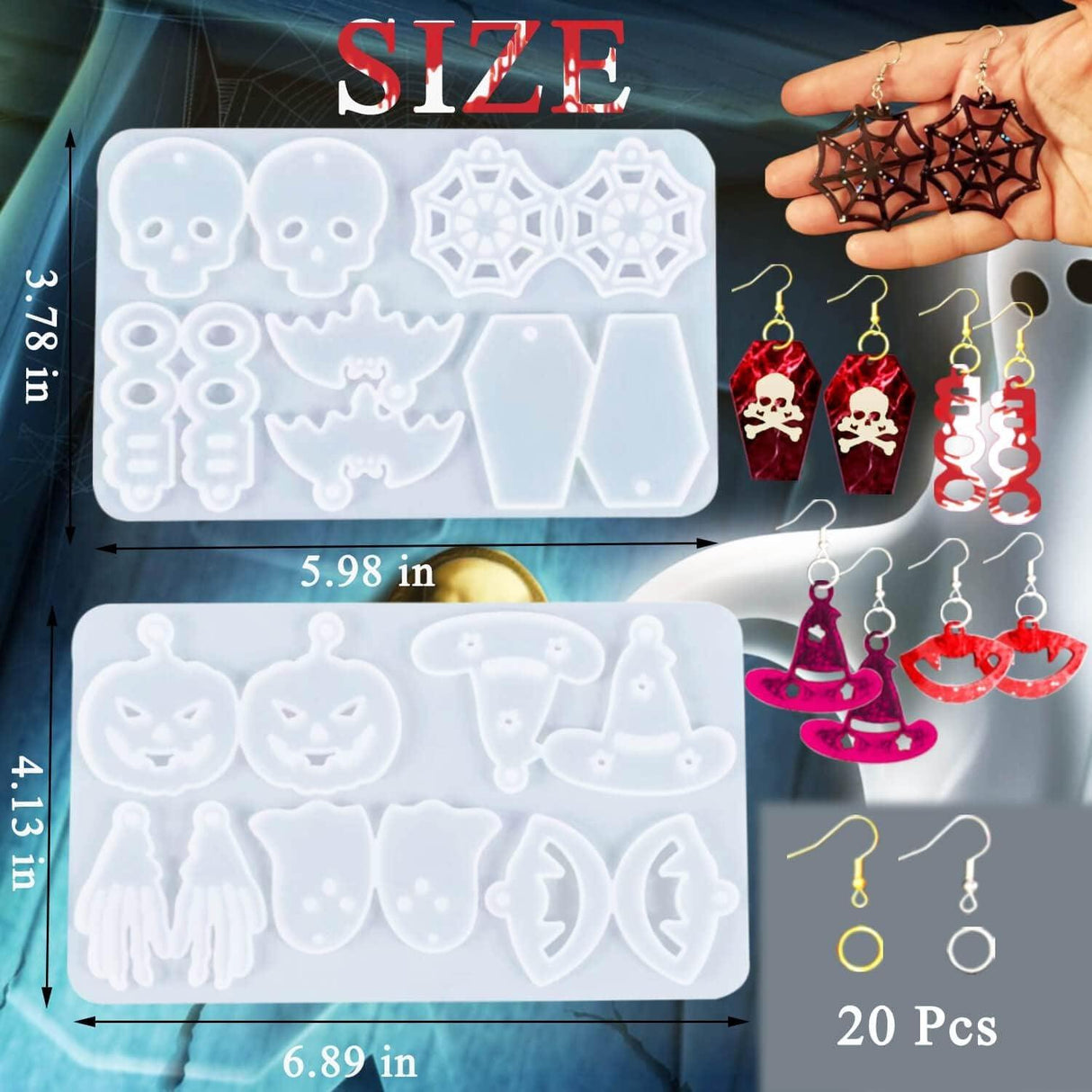 82 PCS Halloween Earring Resin Molds with Hole, 10 Pairs Halloween Silicone Molds with 40 Earring Hooks Skull Pumpkin Bat Spider Earring Epoxy Resin WoodArtSupply