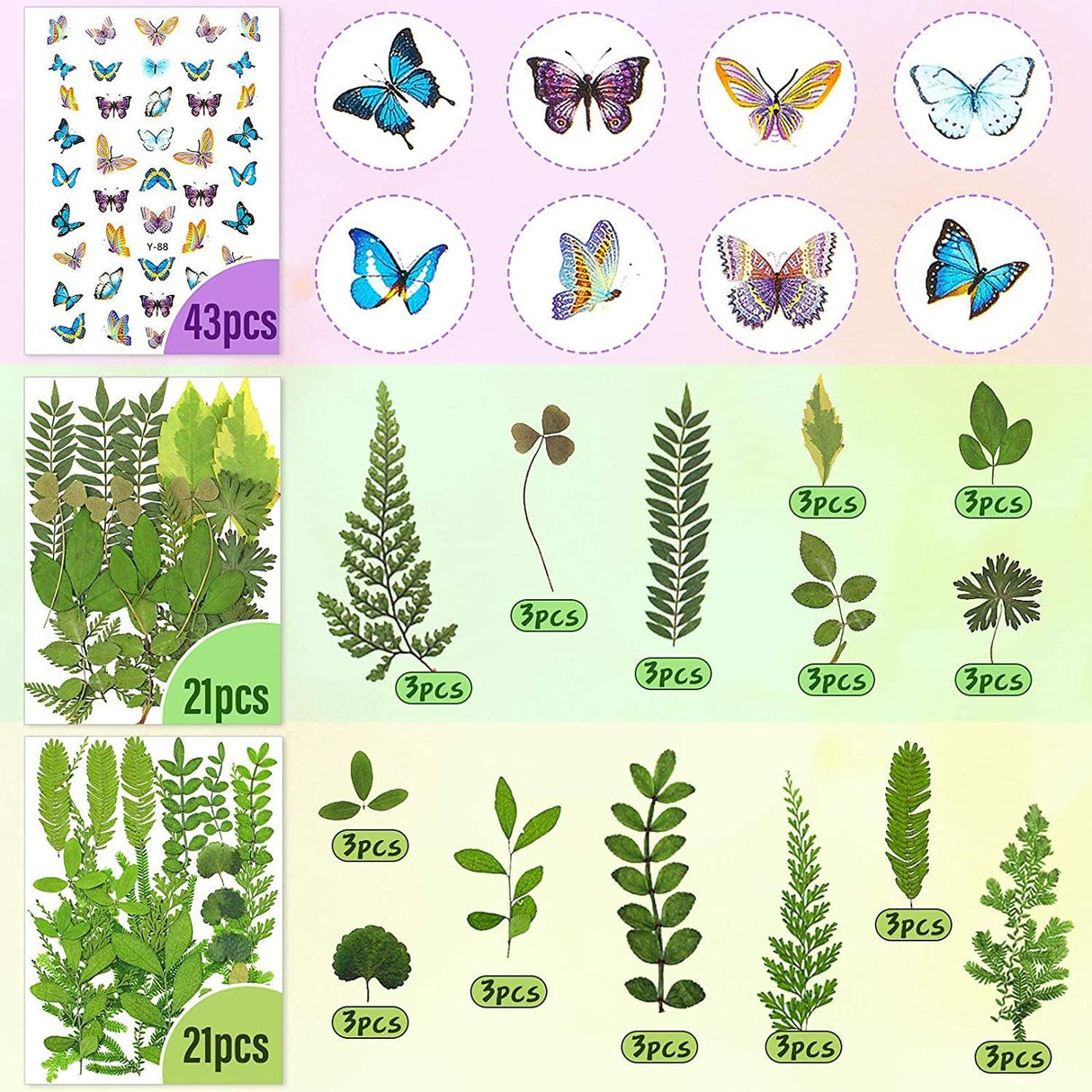 223 Pieces Real Dried Flowers Leaves and Butterfly Stickers Set, Multiple Pressed Dry Flowers Colorful Natural Daisies Flowers and Adhesive Butterfly WoodArtSupply